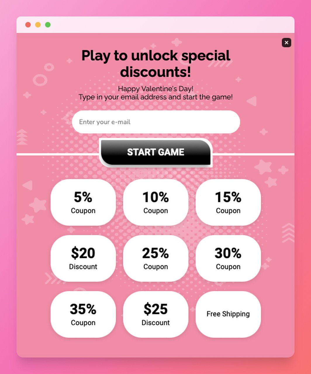 contoh popup gamification dengan permainan untuk mendapatkan kupon diskon dan deskripsi yang terkait dengan Hari Valentine