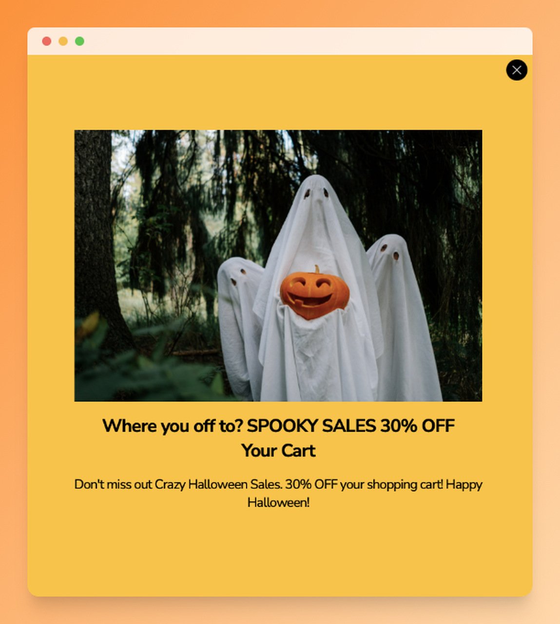 Contoh popup Halloween yang mengatakan "Ke mana Anda pergi? PENJUALAN MENYERAMKAN DISKON 30% Keranjang Anda"