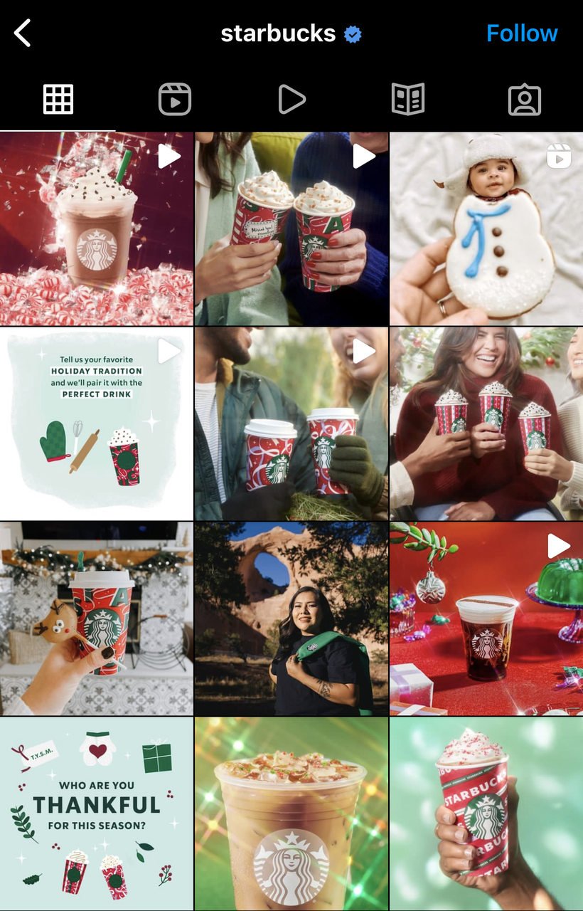 クリスマスシーズン中のスターバックスのInstagramフィードには、製品画像、顧客の写真、クリスマスシーズンに関連する課題が含まれています