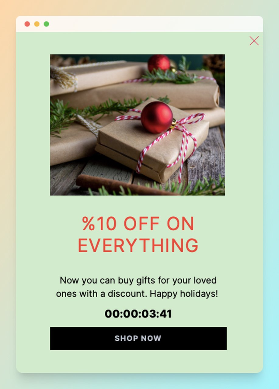 Exemple de pop-up de Noël dont le titre indique "% 10 OFF ON EVERYTHING" avec une image d'emballage cadeau sur le thème de Noël et un compte à rebours