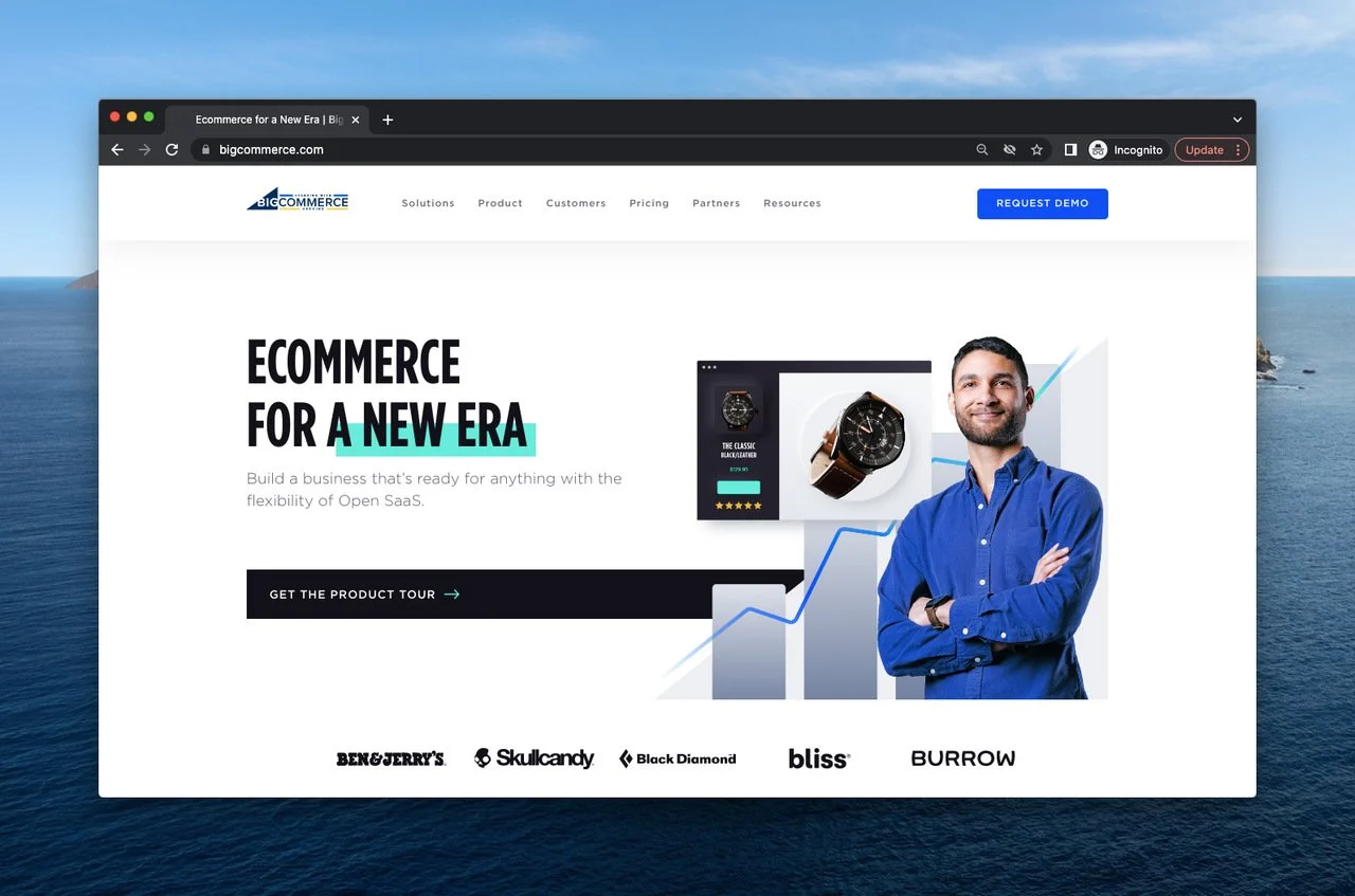 halaman web BigCommerce, yang merupakan perangkat lunak e-niaga multisaluran