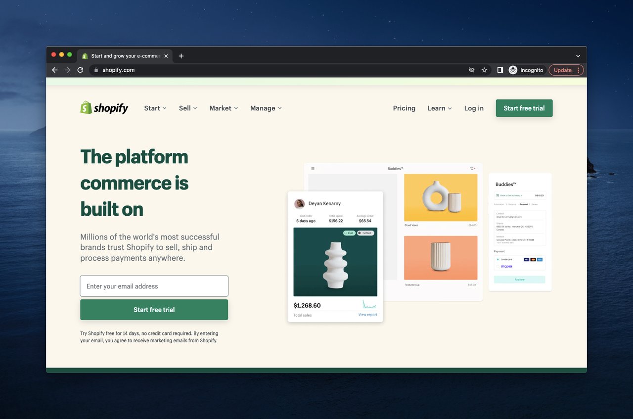 pagina web a Shopify, care este un software de comerț electronic multicanal