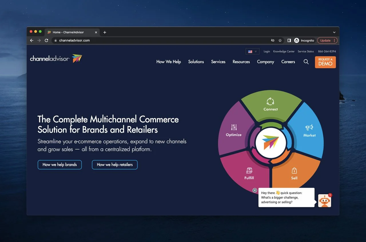 pagina web a ChannelAdvisor, care este un software de comerț electronic multicanal