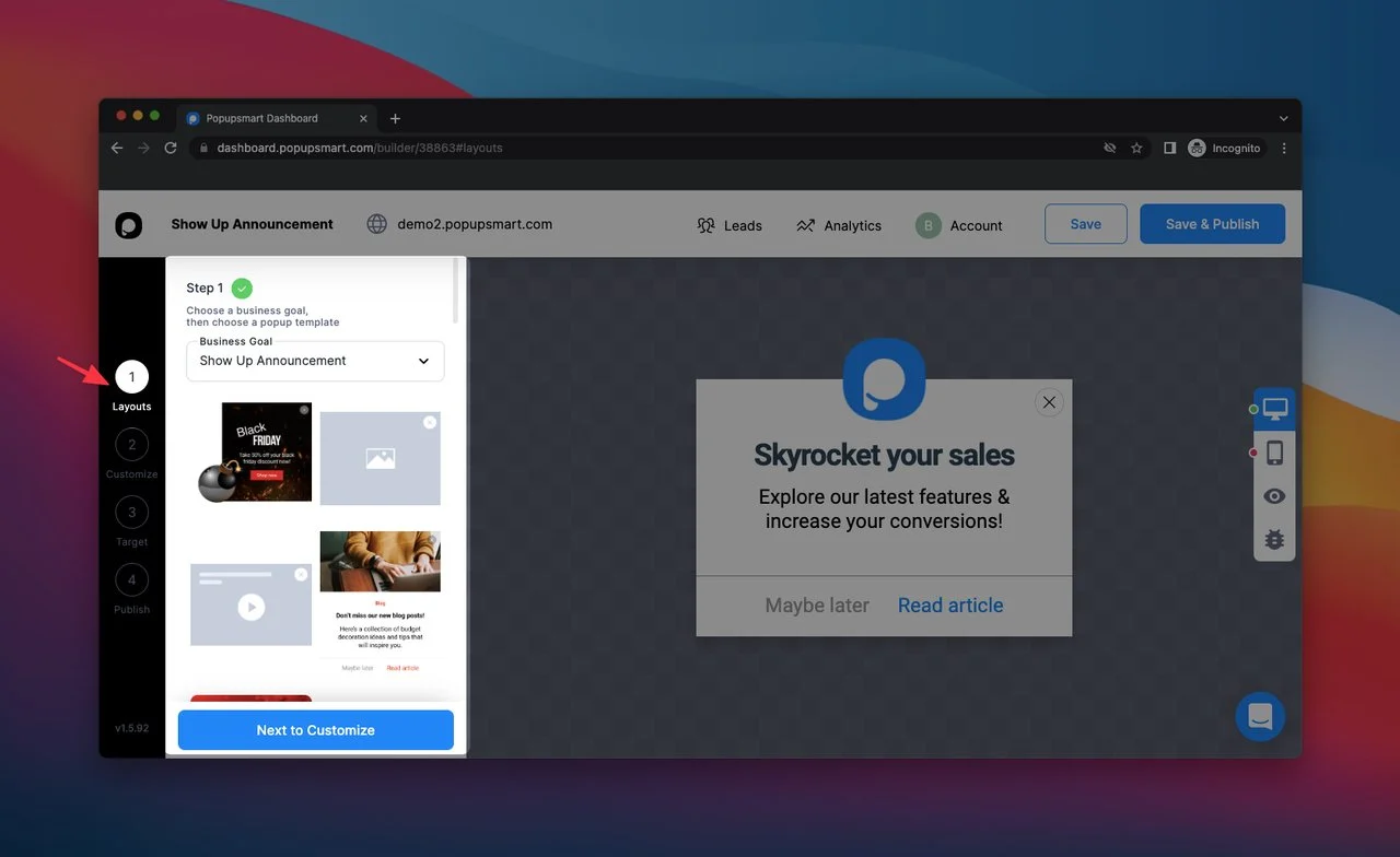 帶有佈局頁面和彈出示例的 Popupsmart 彈出構建器儀表板