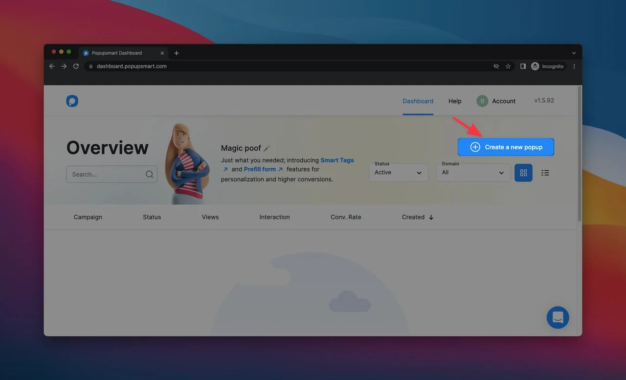 「新しいポップアップを作成」ボタンを備えたPopupsmartポップアップビルダーダッシュボード