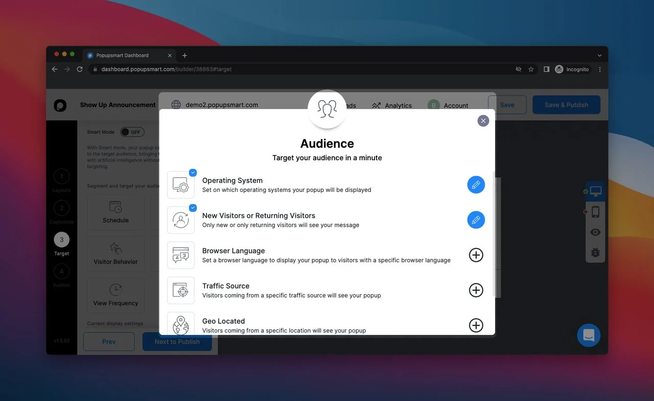 オーディエンスターゲティングウィンドウを備えたPopupsmartポップアップビルダーダッシュボード