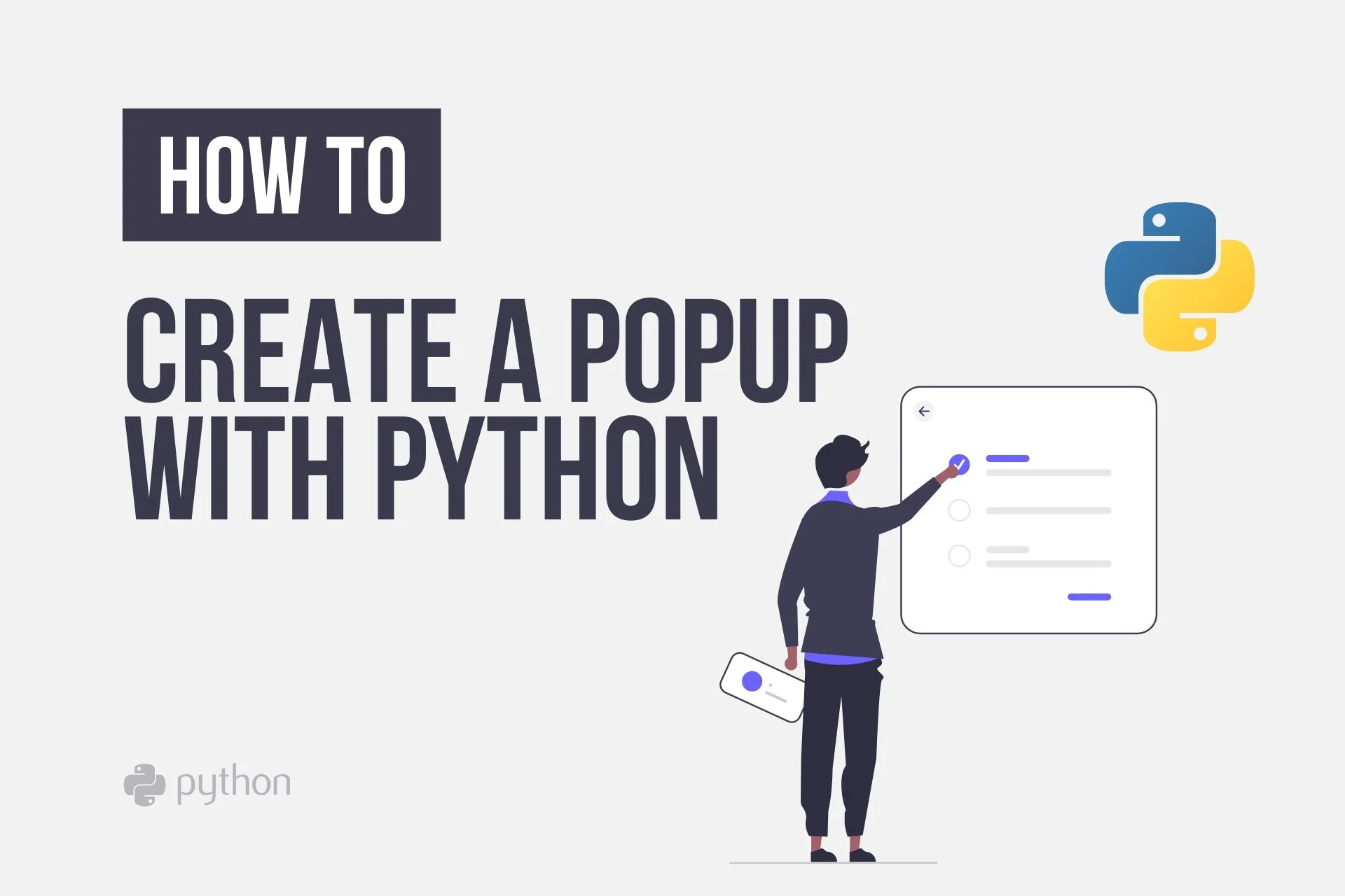 imagem da capa que diz "como criar um pop-up com Python" com um homem e um logotipo do Python