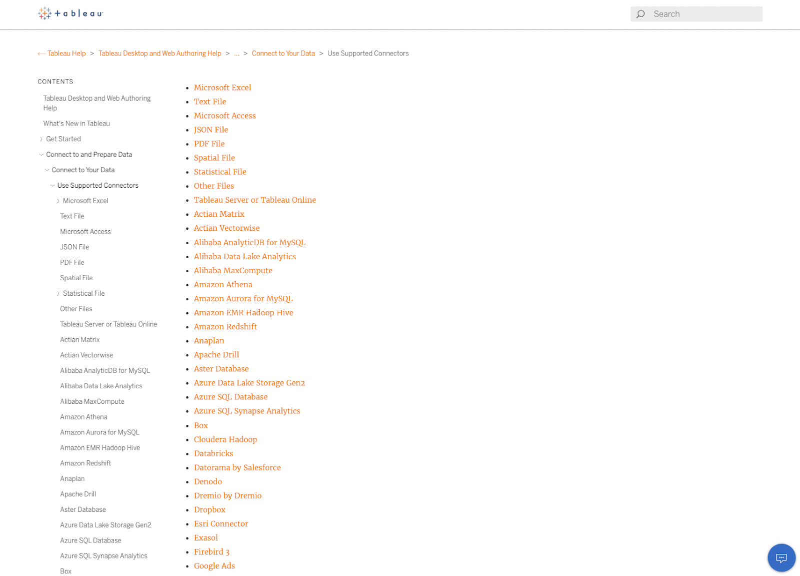 Interface des connecteurs Tableau