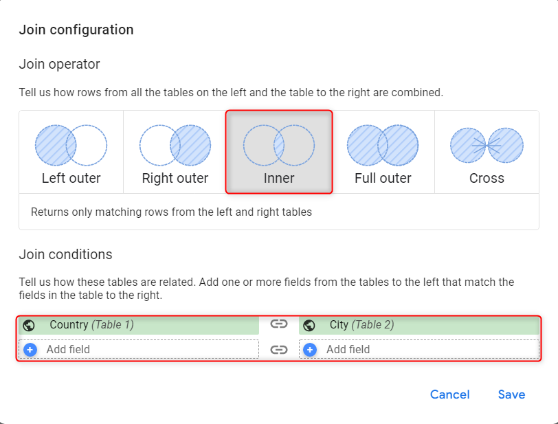 Options de jointure de fusion de données dans Google Data Studio