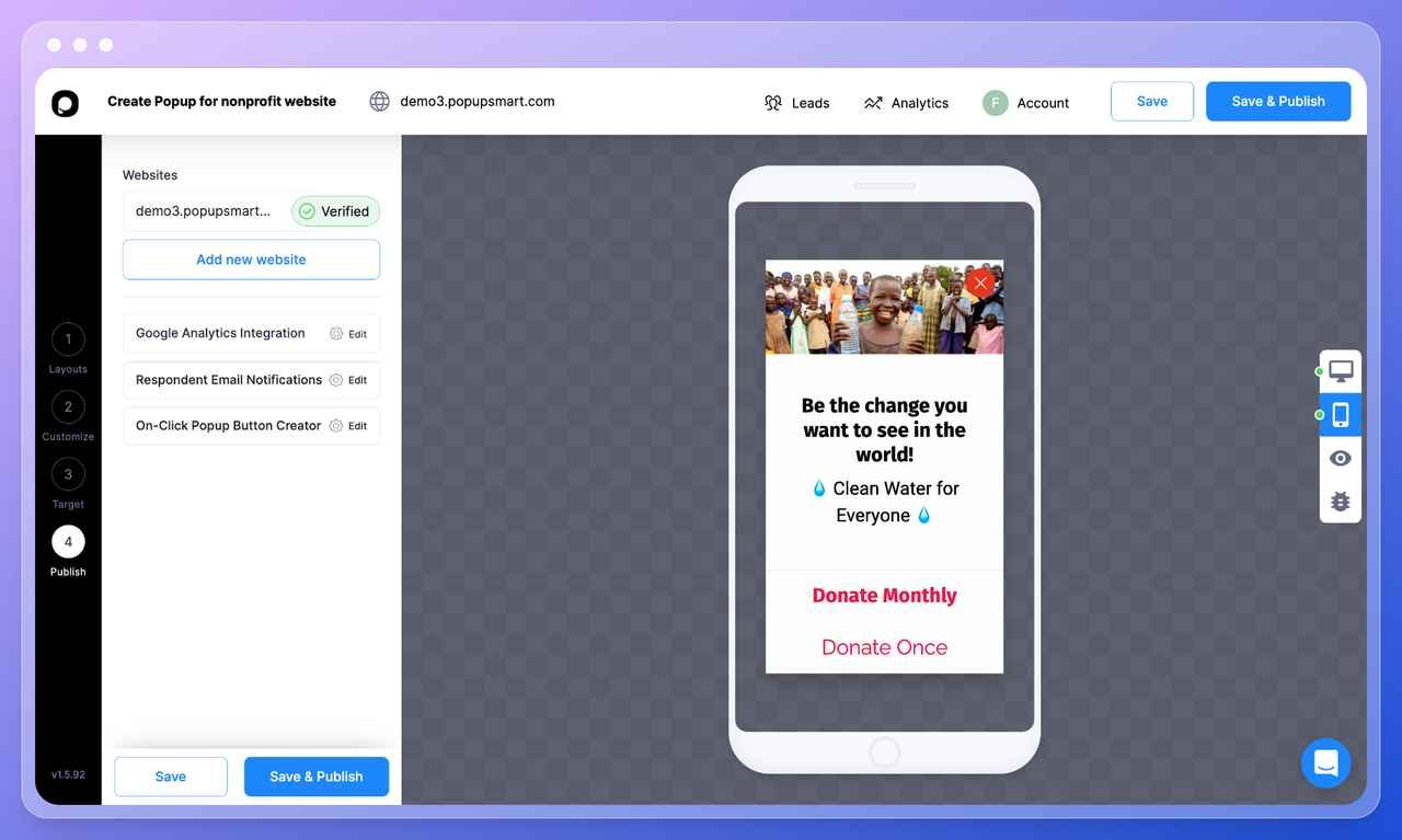 Popupsmart popup builder dashboar step eleven showing a preview of the popup in mobile devices