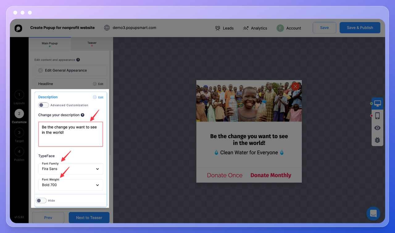Popupsmart popup builder dashboar step six showing how the user can change the headline, font family and font wight for the popup