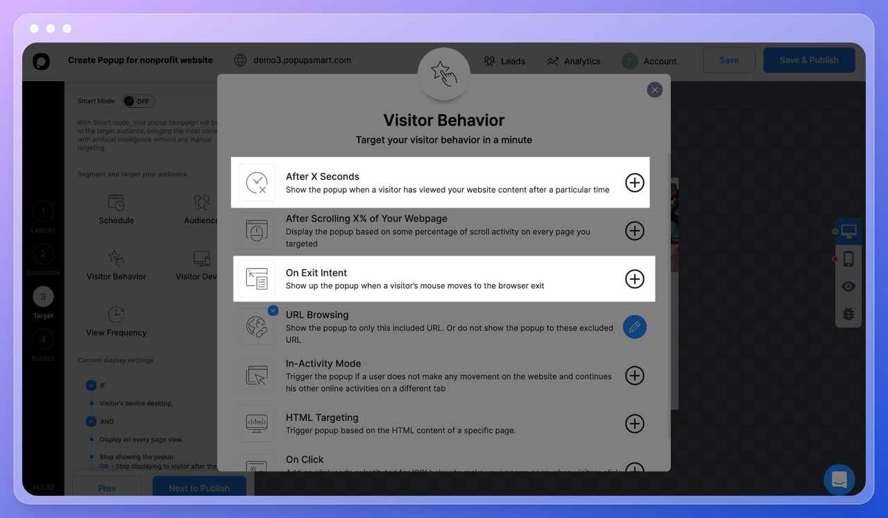 Popupsmart popup builder dashboar step eight showing the visitor behavior window with a list of features users can change to target the right audience