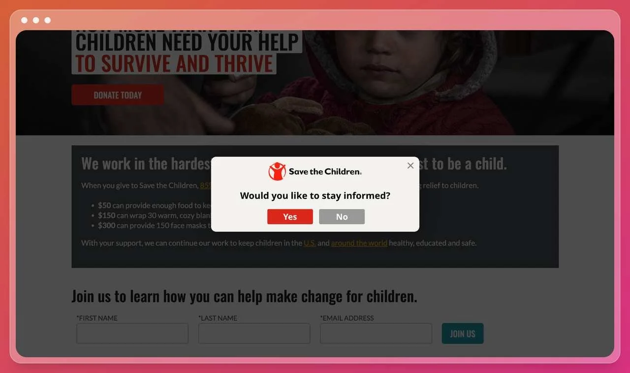 a nonprofit website screenshot with a simple popup that asks if the visitor would like to stay inform about the organization's mission with two butoon one in red saying yes and one in grey saying no