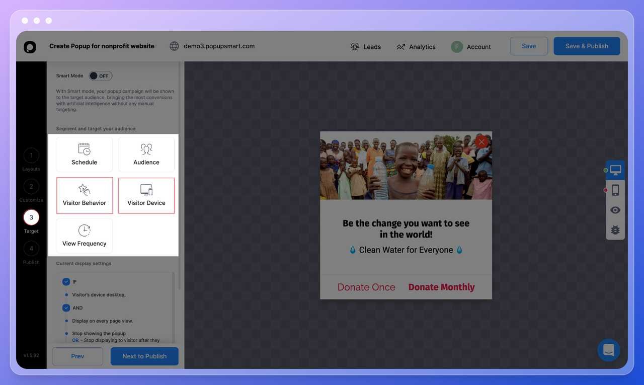 Popupsmart popup builder dashboar step seven showing the "Target" page with different features such as visitor behavior, visitors device