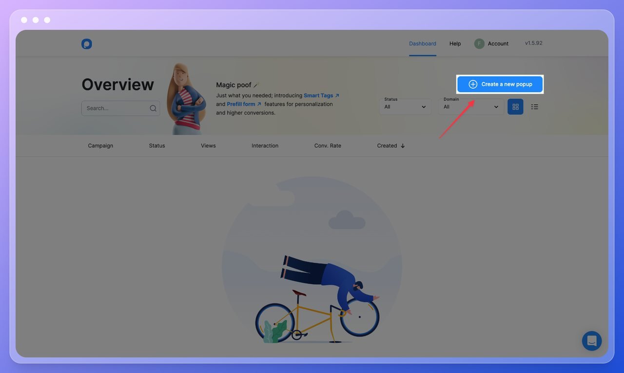 Popupsmart popup builder dashboar step one with "create a new popup" button