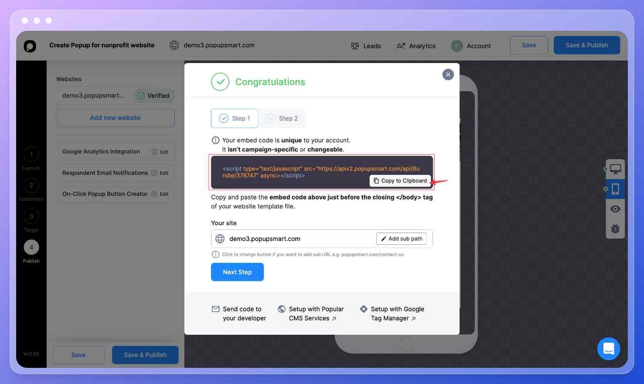 Popupsmart popup builder dashboar step twelve showing the popup code window with a unique code and a button that says "copy to clipboard"