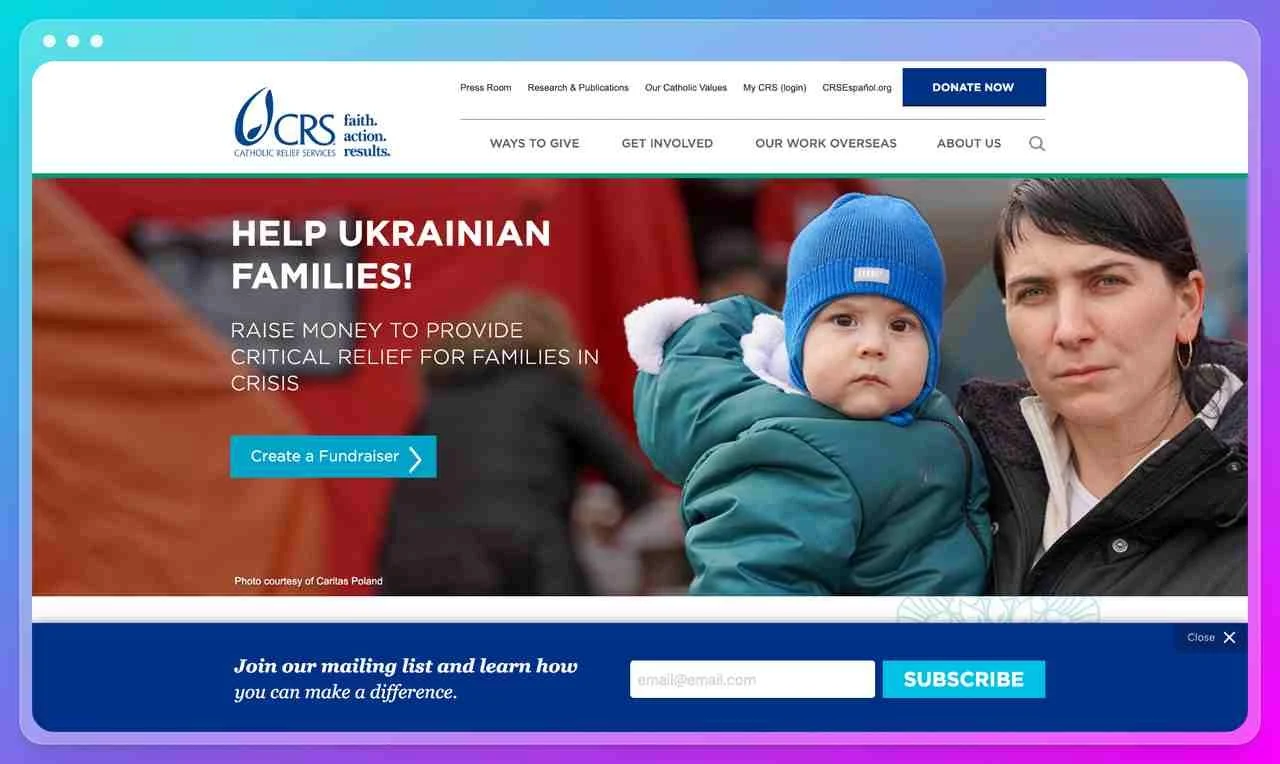 screenshot of the Catholic relief services nonprofit website with the picture of a woman and a baby in blue hat and green Jeresy with blue email list growing popup bar