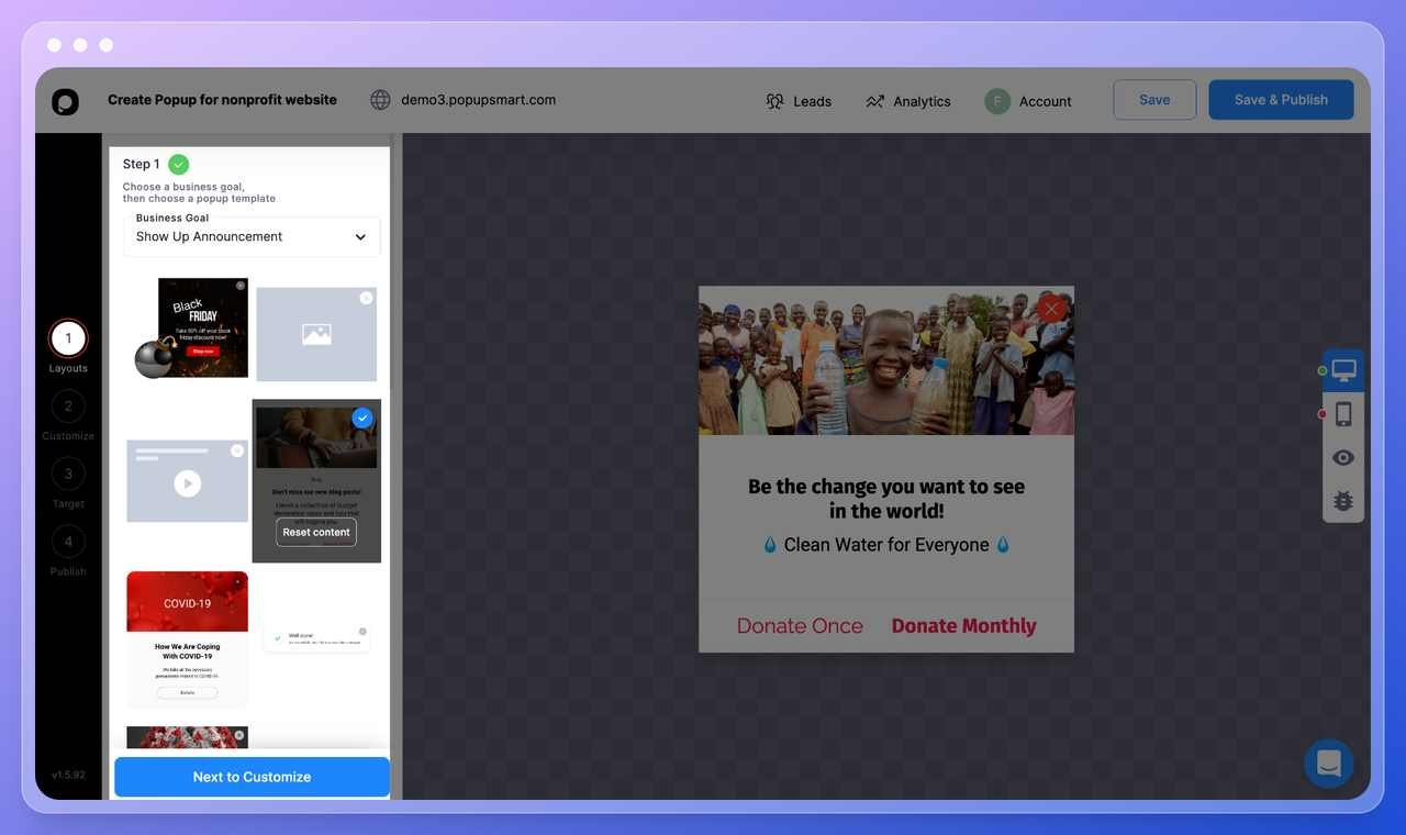 Popupsmart popup builder dashboar step four in the "Layout" page with different popup templates and examples