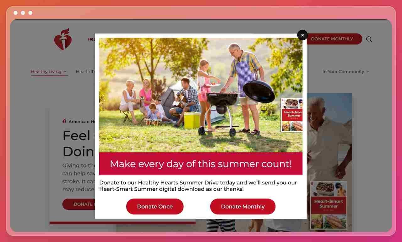 a screenshot of a nonprofit organization website and a popup showing a picture of a family having a picnic with a text in a red box that say"make every day of this summer count" with two call to actions that asks to donate once or donate monthly