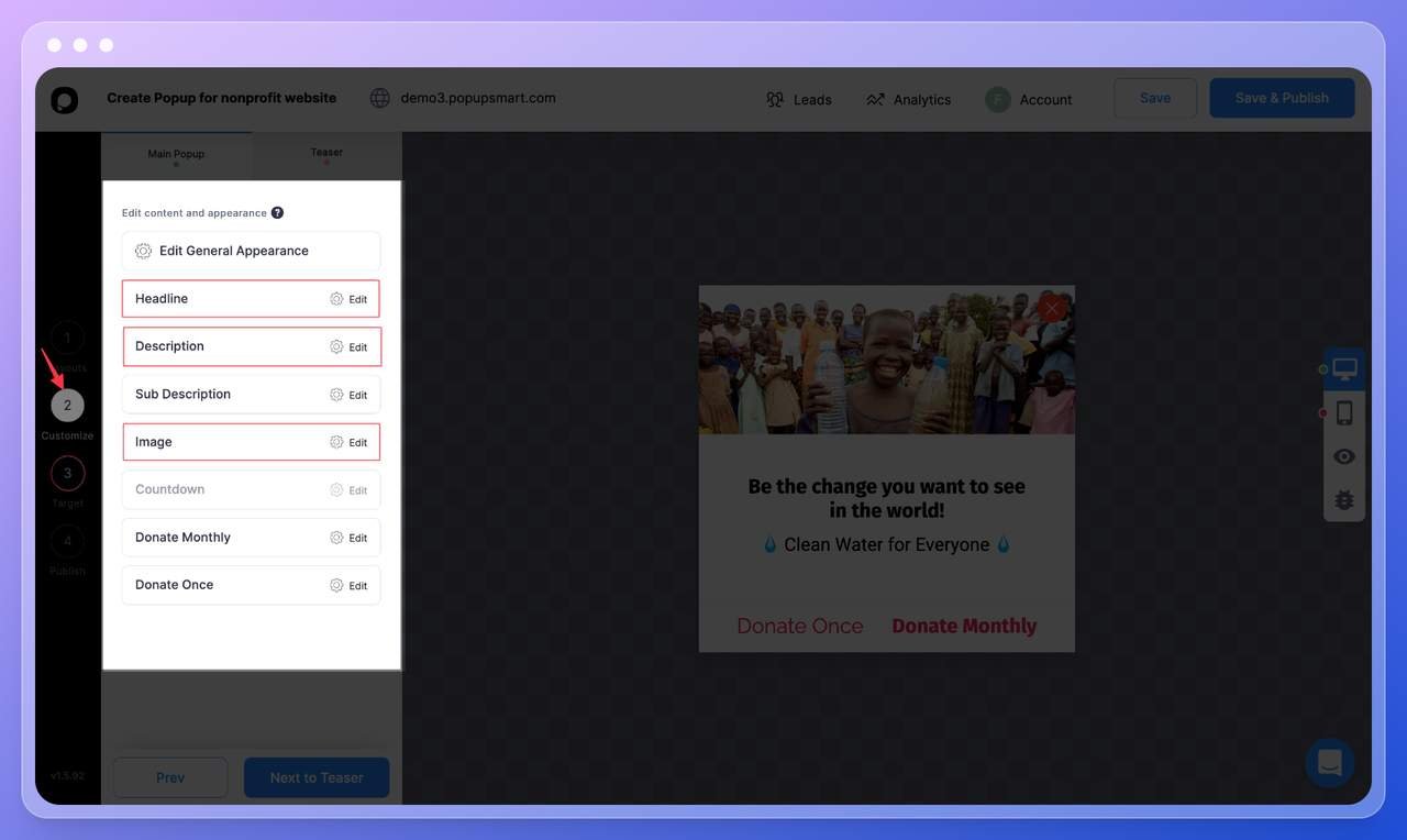 Popupsmart popup builder dashboar step five in the "Customize" page showing different features you can change in your popup such as headline, description and butoon parts