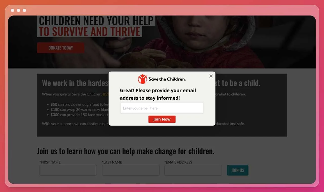 a nonprofit website screenshot with a simple popup that says great and asks for the visitors email address to join the newsletter with a red call to action that says "Join Now!"