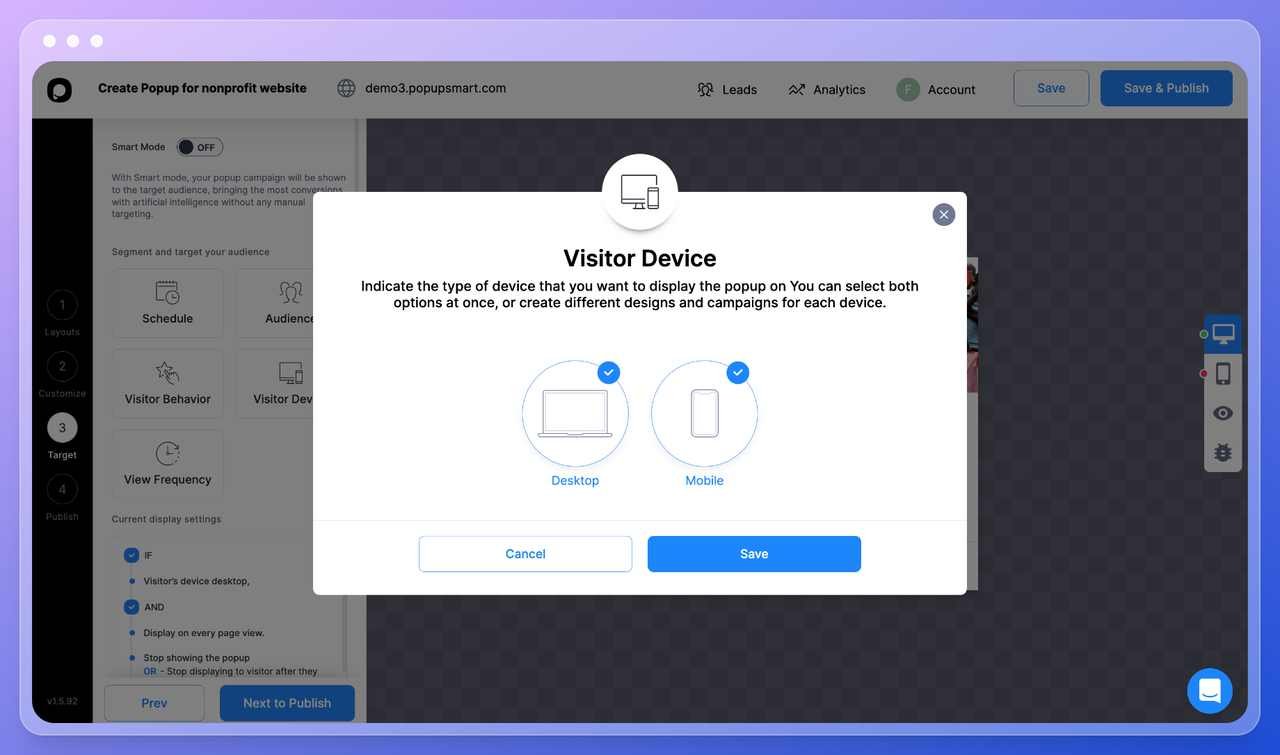 Popupsmart popup builder dashboar step nine showing the visitors device window with two options of desktop and mobile