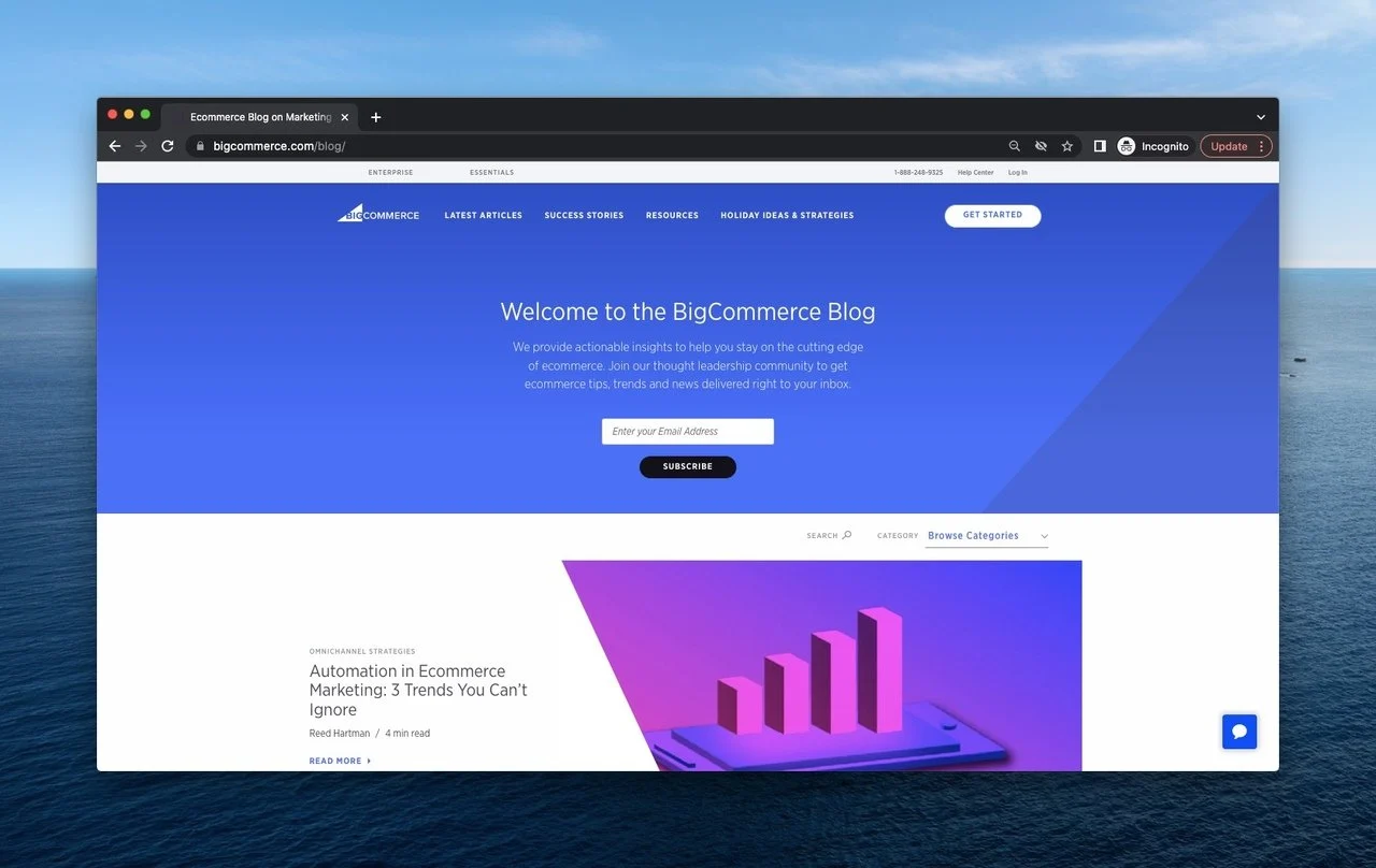 صفحة مدونة bigcommerce قسم أزرق مع شرح وشريط بريد إلكتروني ، ومقال بغلاف إحصائي أرجواني ومعلومات المقالة تحته