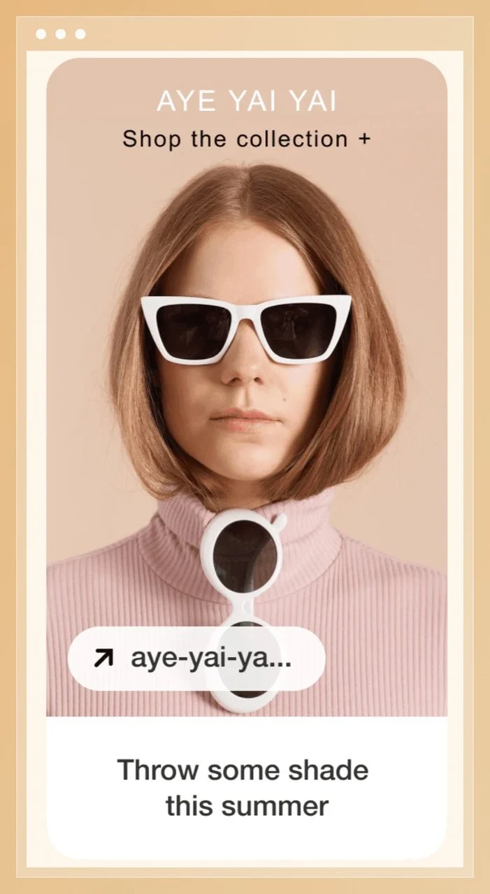 the secreetshot of a standard pin example with a woman wearing white-frame sunglasses , name of the brand and a call-to-action