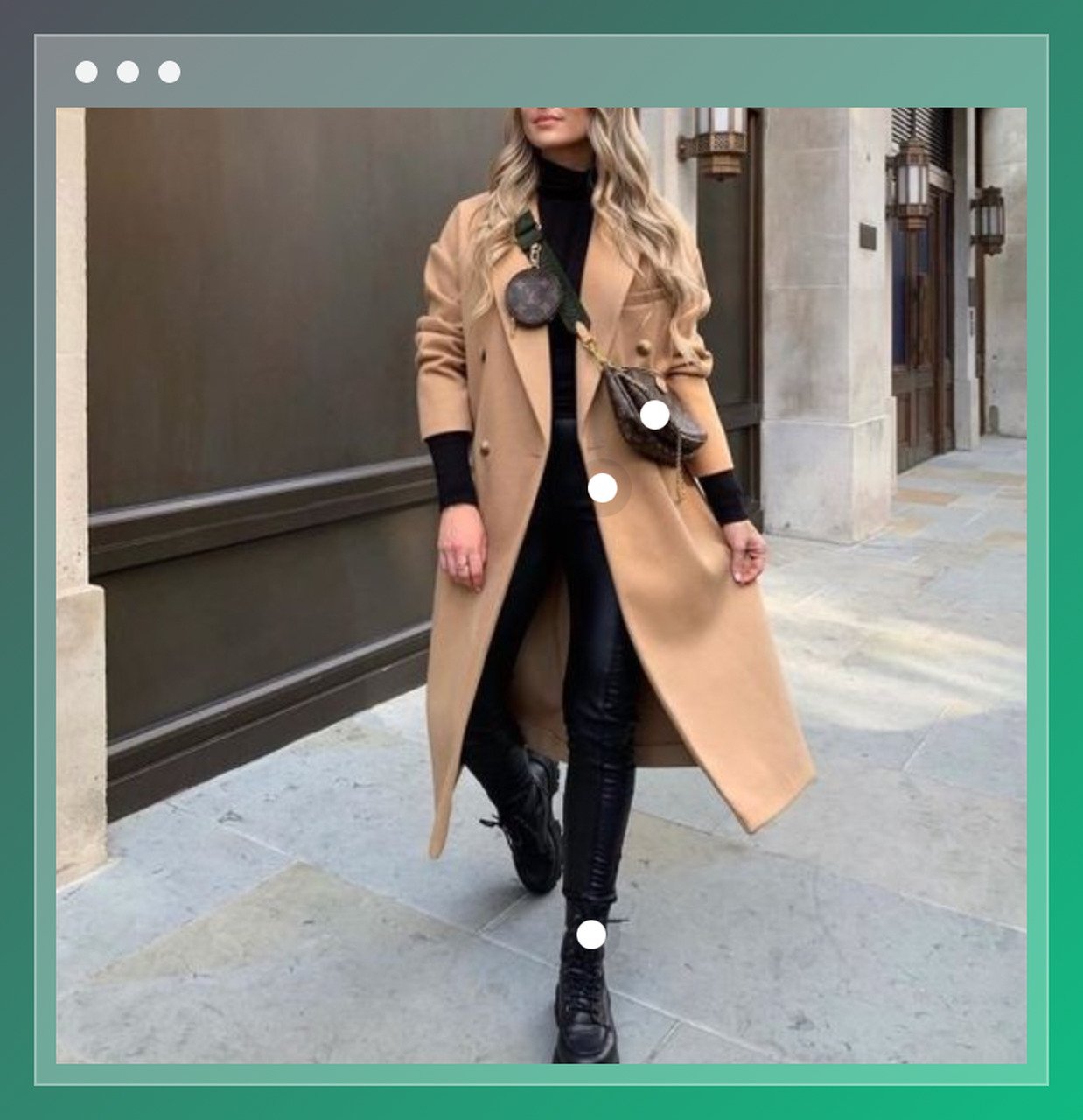 the screenshot of a woman with white dots on her clothes implying the shop the look feature of Pinterest wearing a brown coat, black leather trousers, black boots and a bag