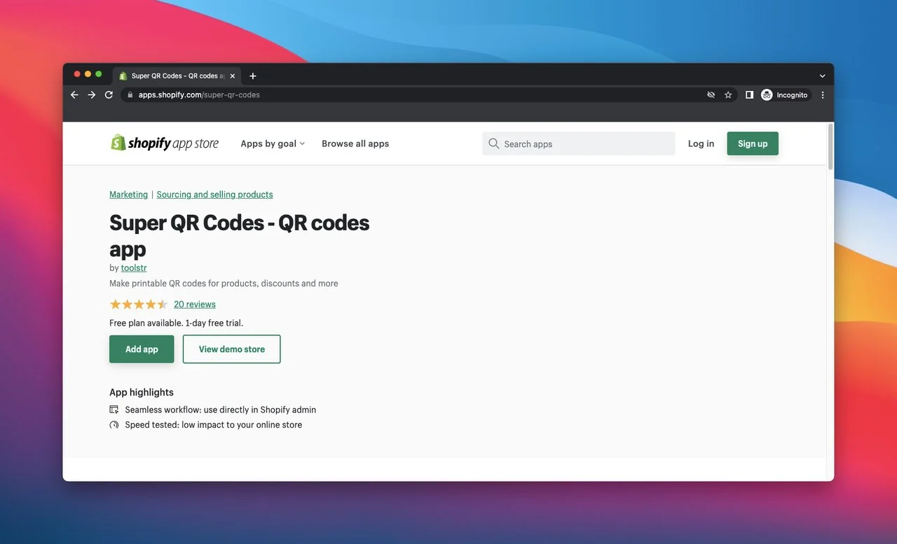 Shopify-App-Store-Seite mit Super-QR-Codes