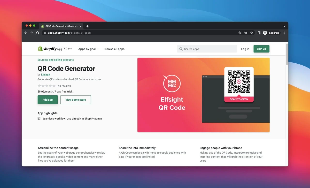 Shopify-App-Store-Seite des Elfsight-QR-Code-Generators