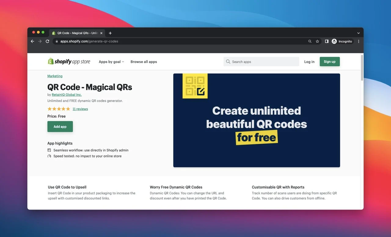 Shopify página da loja de aplicativos de qr code magic qrs