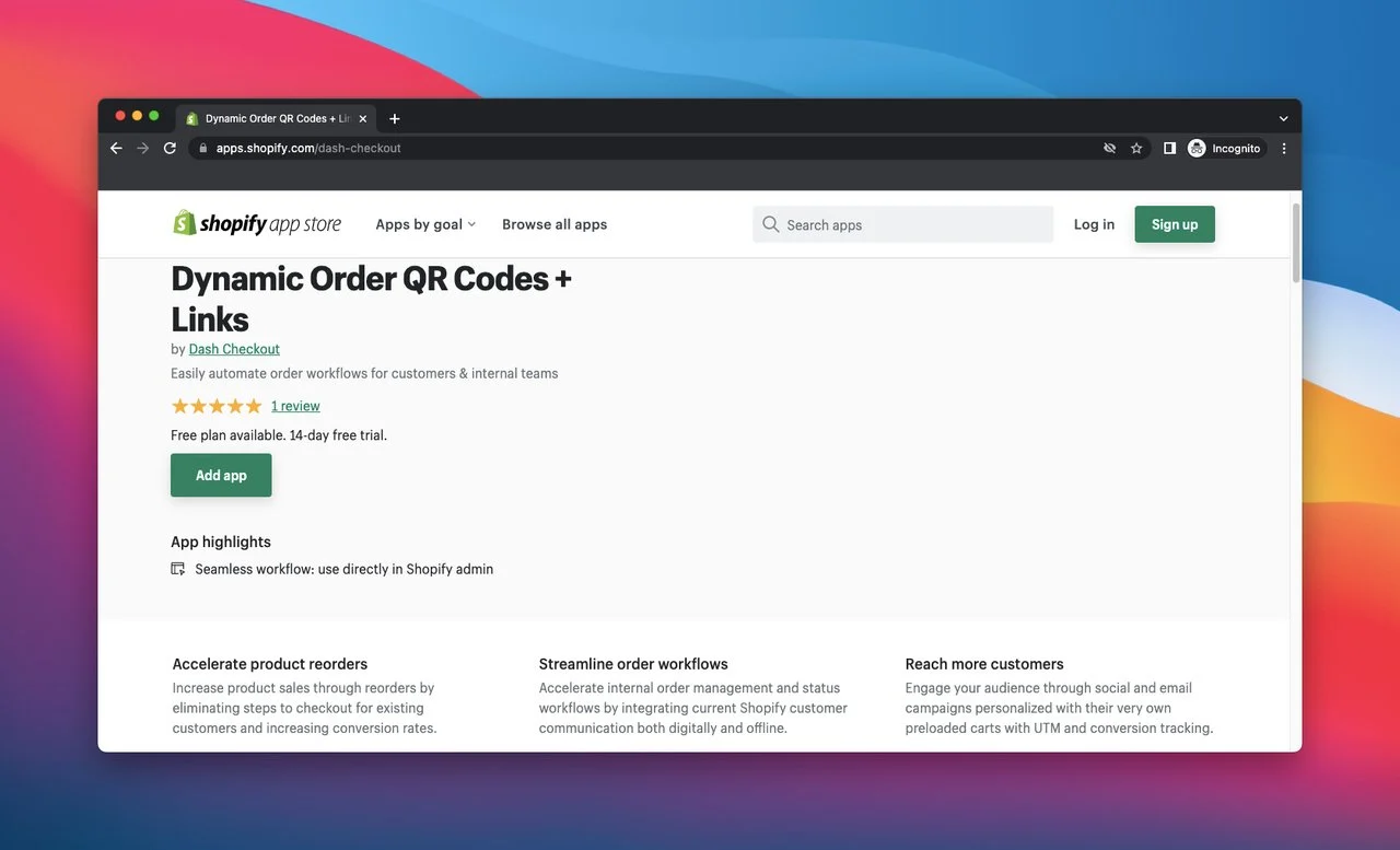 Shopify app store page de commandes dynamiques qr codes + liens