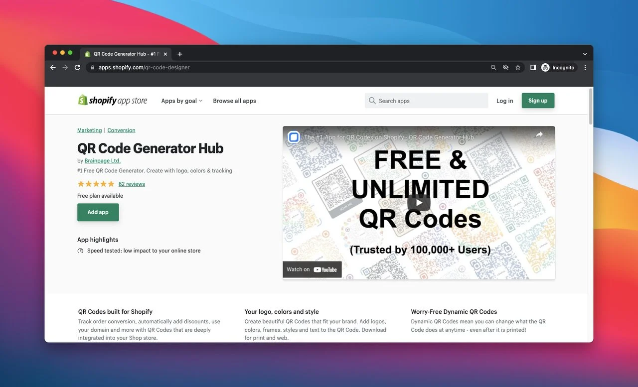 Halaman toko aplikasi Shopify dari hub generator kode qr