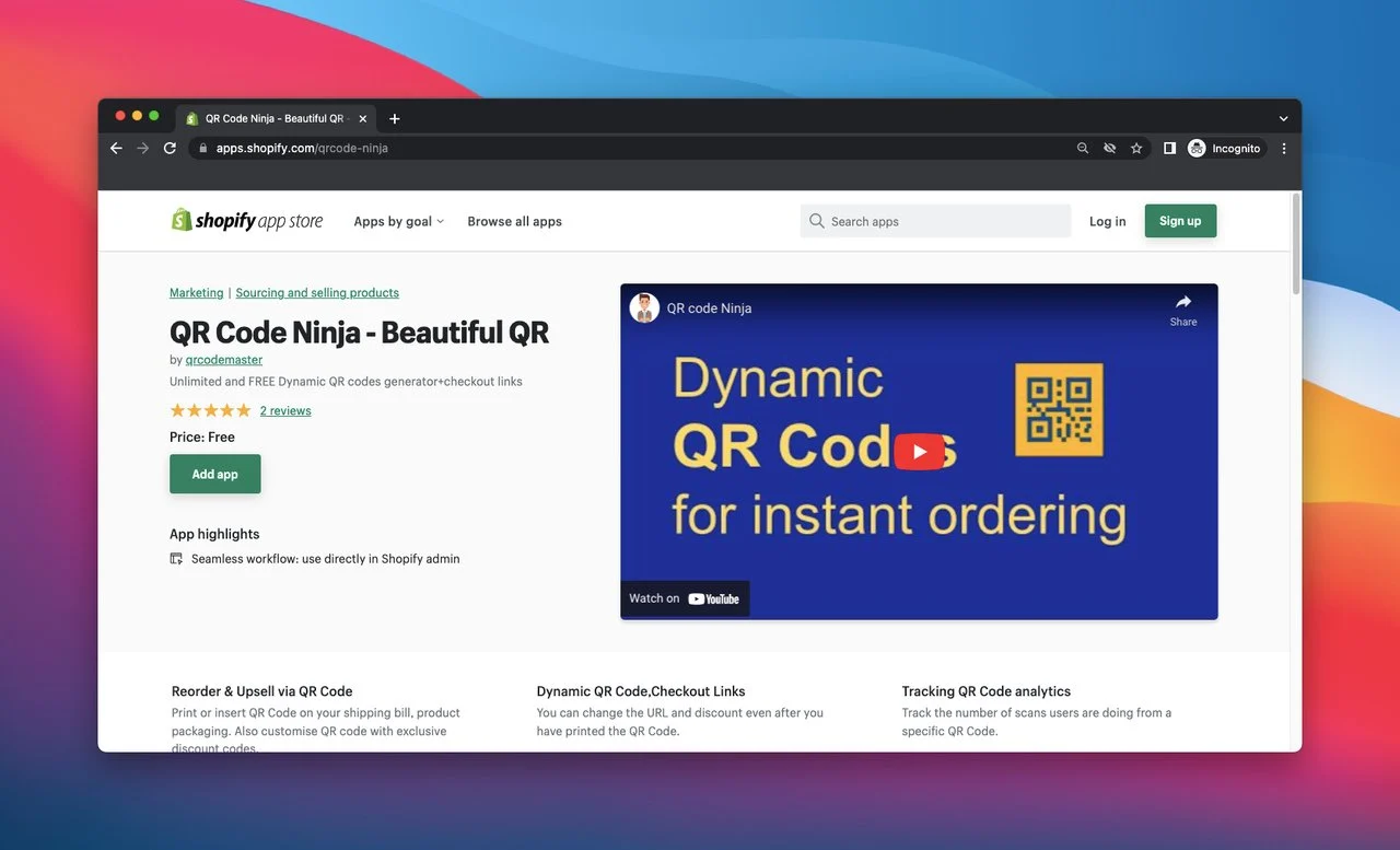 Shopify صفحة متجر التطبيقات الخاصة بـ qr code ninja-beautiful QR