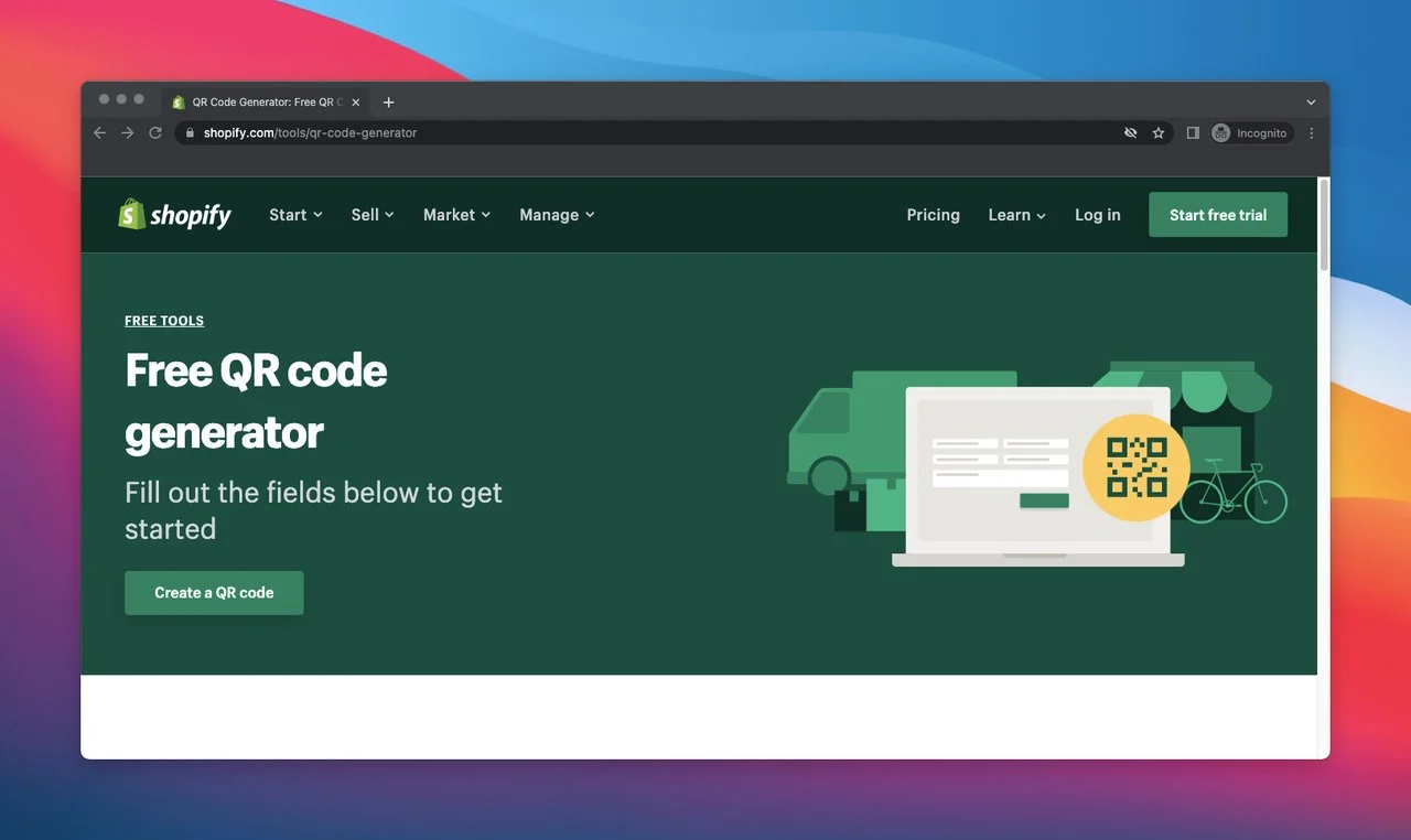 Shopify 的免費二維碼生成器主頁