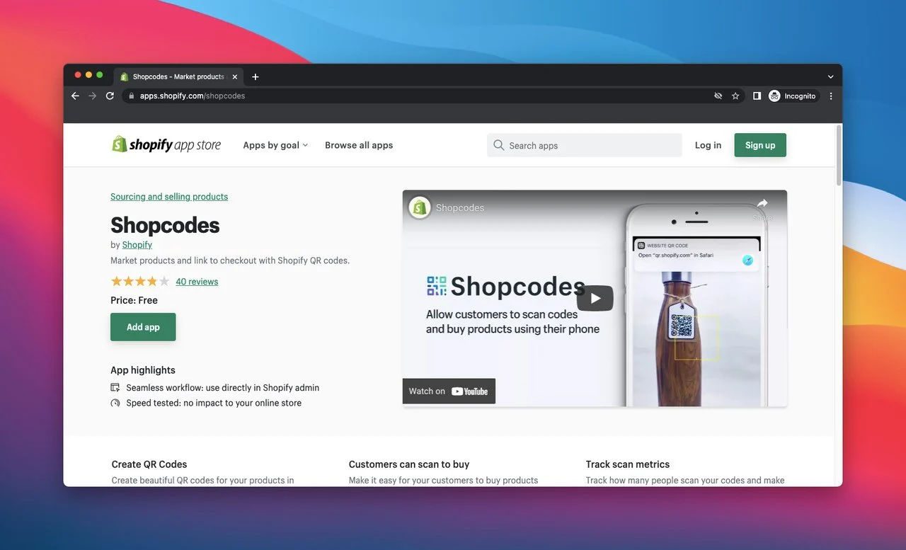 Halaman toko aplikasi Shopify dari pembuat kode qr Shopcodes