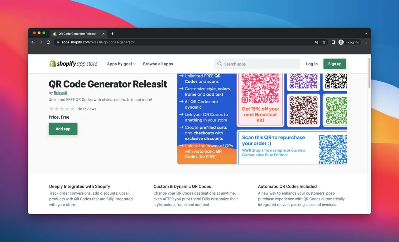 Shopify-App-Store-Seite der Veröffentlichung des QR-Code-Generators