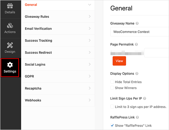 RafflePress settings