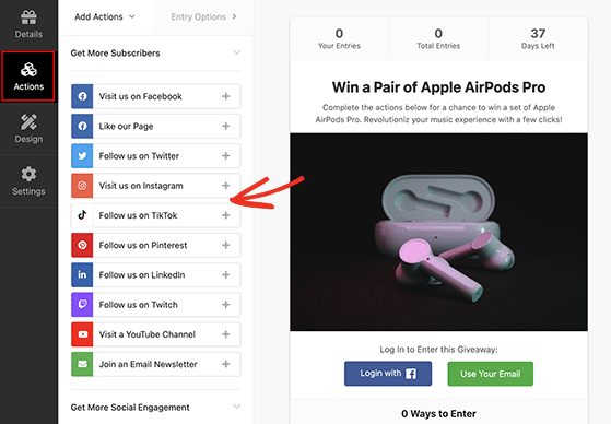 RafflePress giveaway actions