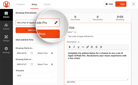 Enter giveaway prize details