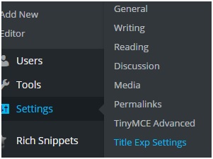 WordPress의 설정으로 스크롤하고 Title Exp 설정을 클릭하여 플러그인을 구성합니다.