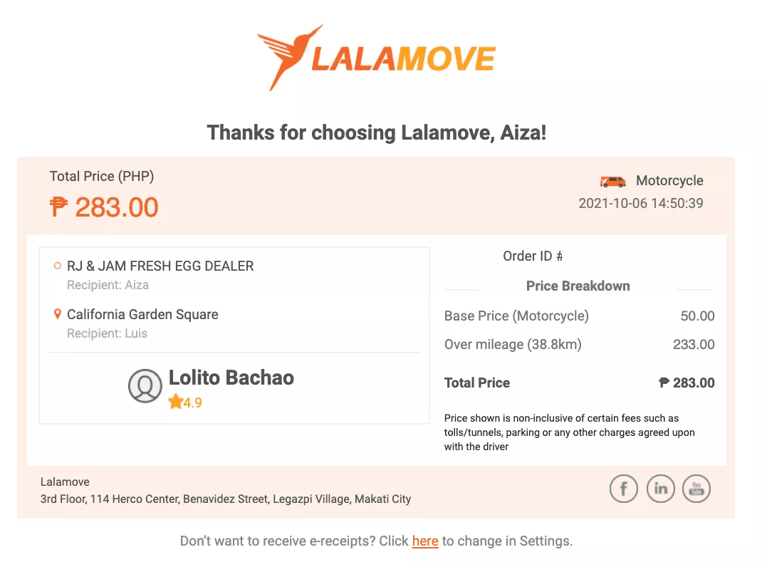 Email transaksional dari Lalamove