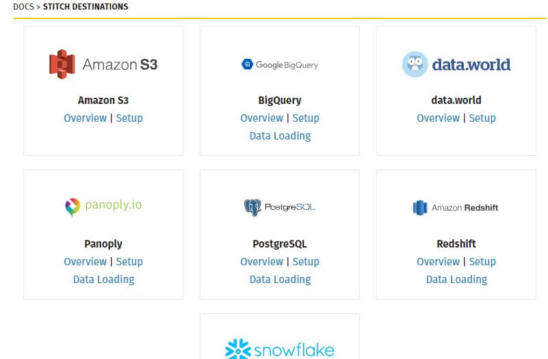 Stitch를 사용하면 아래 대상 중 하나를 사용하여 데이터 웨어하우스를 채울 수 있습니다.