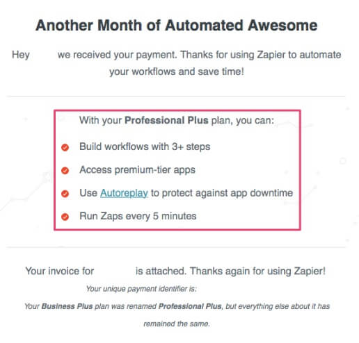 O Zapier está fazendo um trabalho incrível nisso, reforçando seus benefícios na fatura real