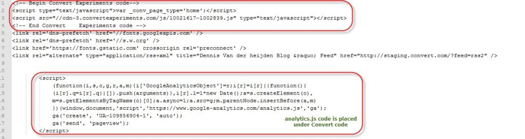 Google Analytics 추적 코드가 변환 실험 코드 아래에 배치되어 있는지 확인해야 합니다.