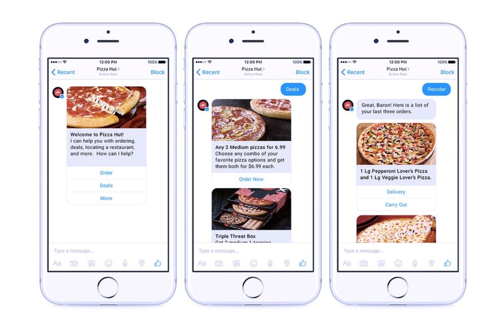 피자헛에서 가져온 페이스북 챗봇 예시