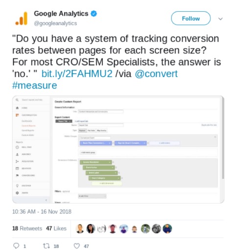 experiência usando um certo conjunto de hashtags uma vez nos rendeu um retweet do Google Analytics!